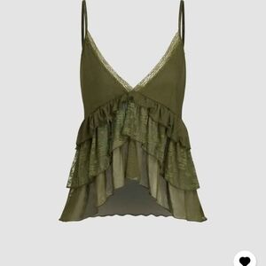 Cider Olive Green Lace-Trim Ruffle Mesh Cami